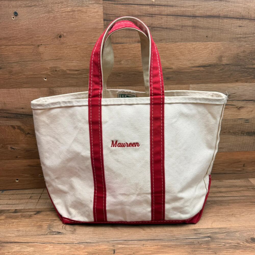 Vintage L.L.Bean Boat and Tote Bag Medium Red Trim Canvas Open Top Monogram USA